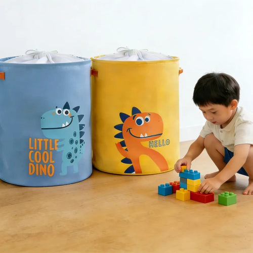 Cotton Linen Drawstring Cartoon Dinosaur Storage Bucket Large Capacity Foldable Laundry Basket for Home Kids Toy Organizer Bin
