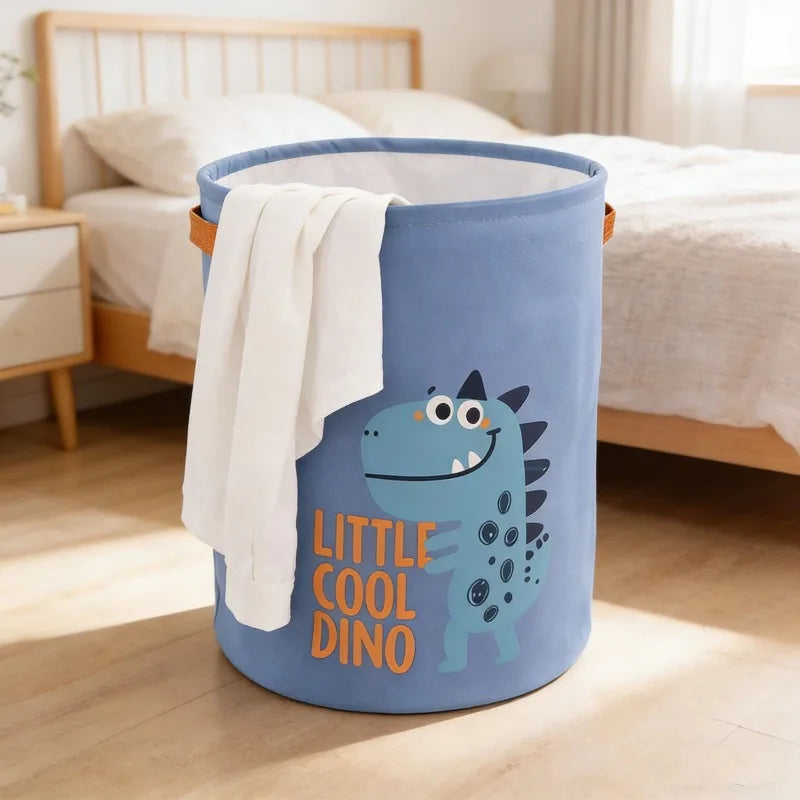 Cotton Linen Drawstring Cartoon Dinosaur Storage Bucket Large Capacity Foldable Laundry Basket for Home Kids Toy Organizer Bin