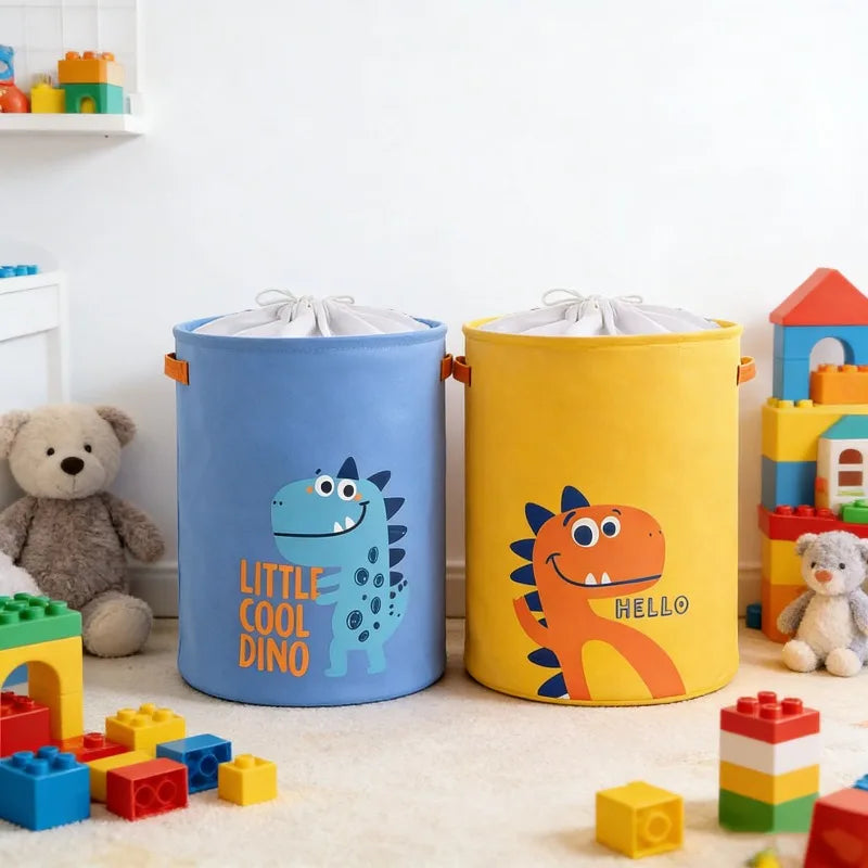 Cotton Linen Drawstring Cartoon Dinosaur Storage Bucket Large Capacity Foldable Laundry Basket for Home Kids Toy Organizer Bin