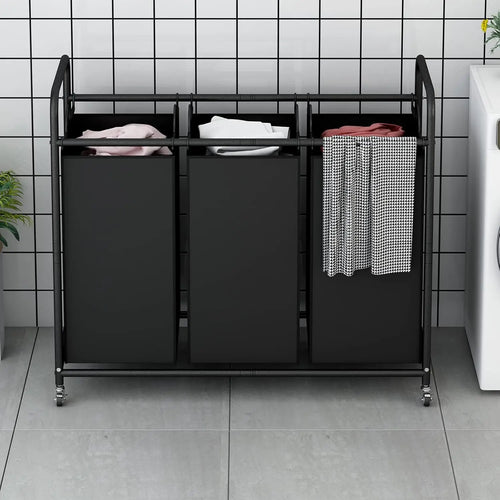 3-Bag Laundry Basket Hamper Laundry Sorter Cart laundry room organization with Heavy Duty Rolling Lockable Wheels and Bags